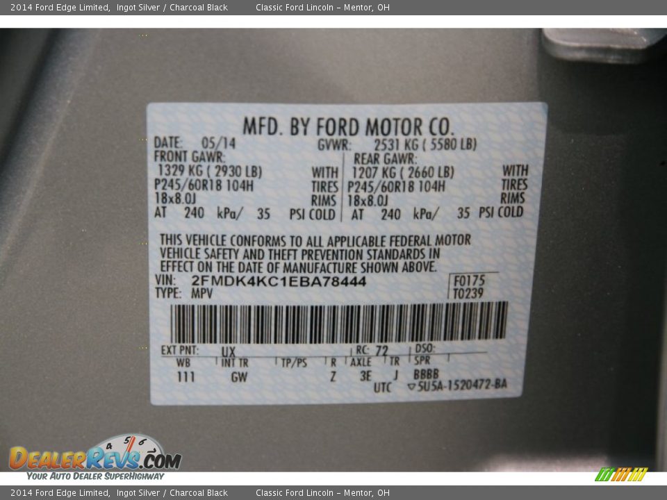 2014 Ford Edge Limited Ingot Silver / Charcoal Black Photo #18