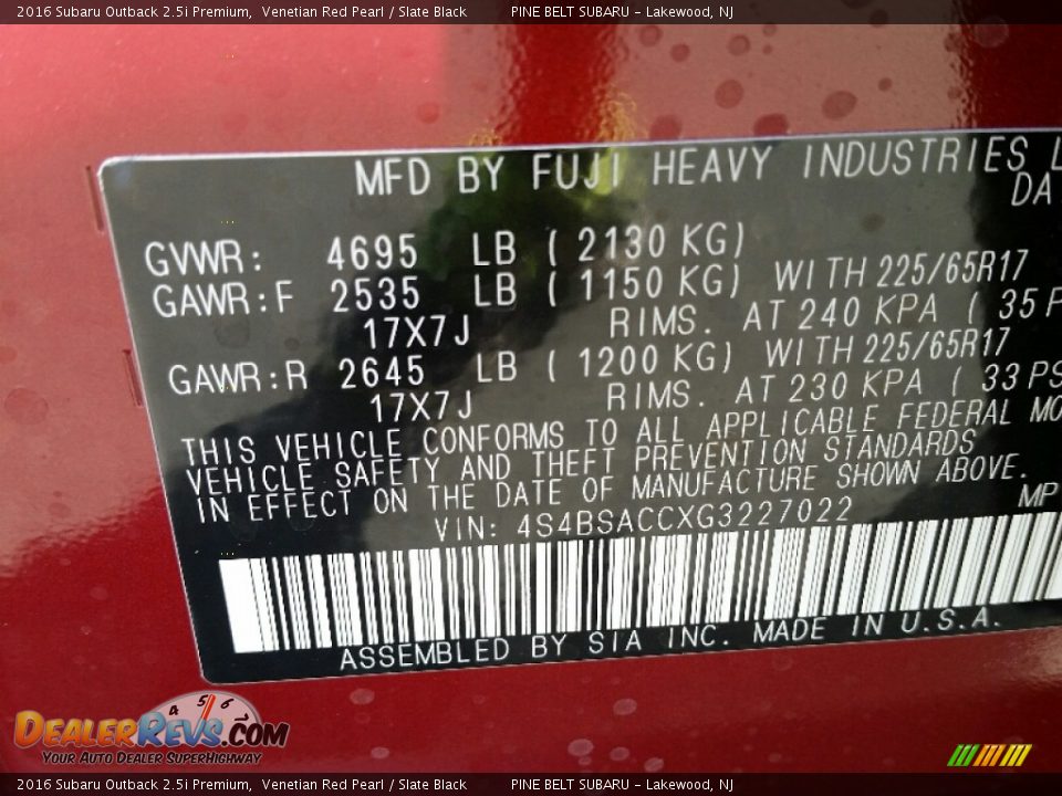2016 Subaru Outback 2.5i Premium Venetian Red Pearl / Slate Black Photo #9