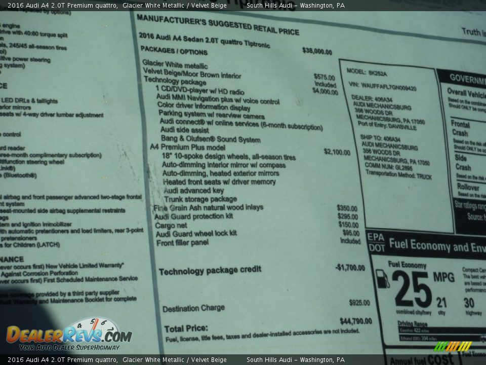 2016 Audi A4 2.0T Premium quattro Glacier White Metallic / Velvet Beige Photo #12