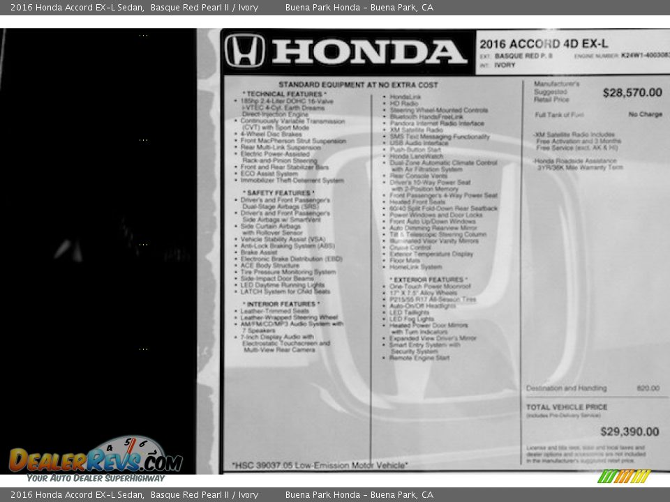 2016 Honda Accord EX-L Sedan Basque Red Pearl II / Ivory Photo #19