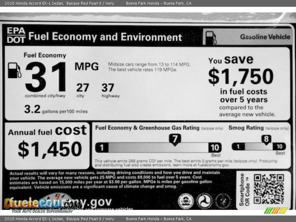 2016 Honda Accord EX-L Sedan Basque Red Pearl II / Ivory Photo #20