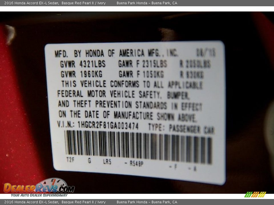 2016 Honda Accord EX-L Sedan Basque Red Pearl II / Ivory Photo #22