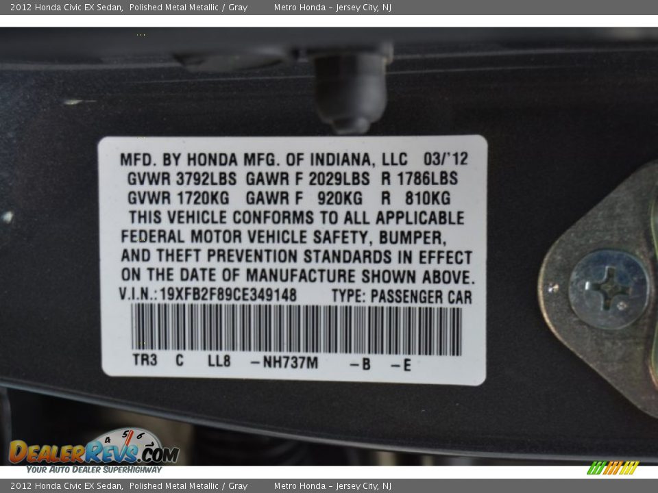 2012 Honda Civic EX Sedan Polished Metal Metallic / Gray Photo #30
