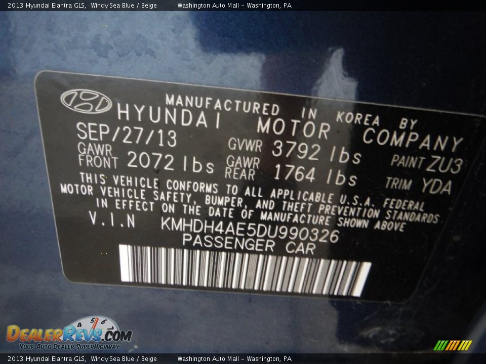 2013 Hyundai Elantra GLS Windy Sea Blue / Beige Photo #19
