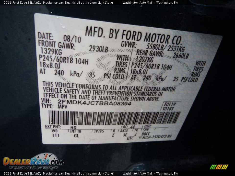 2011 Ford Edge SEL AWD Mediterranean Blue Metallic / Medium Light Stone Photo #24