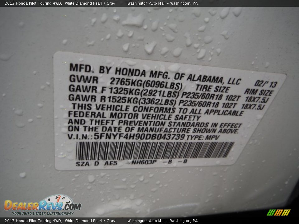 2013 Honda Pilot Touring 4WD White Diamond Pearl / Gray Photo #29