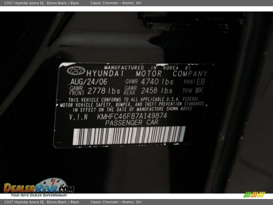 2007 Hyundai Azera SE Ebony Black / Black Photo #17