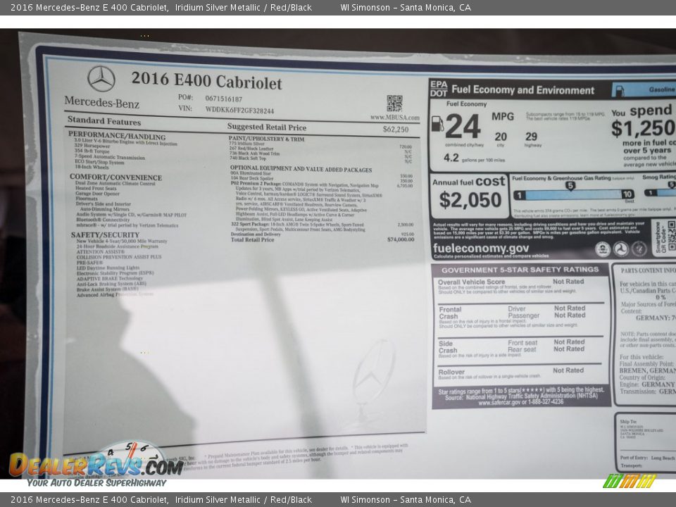 2016 Mercedes-Benz E 400 Cabriolet Window Sticker Photo #11