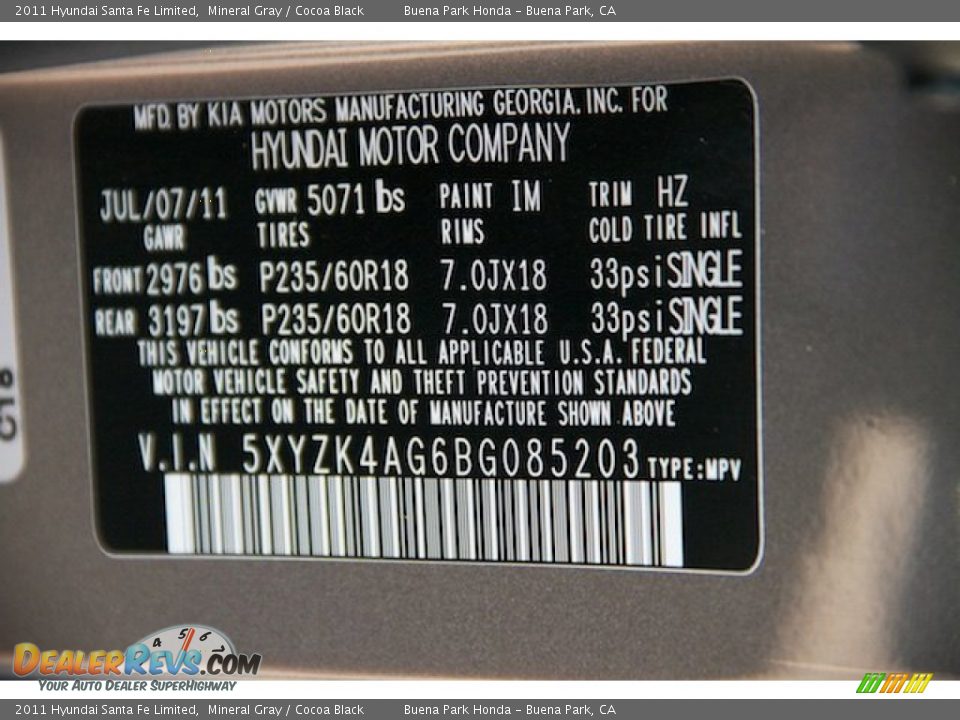 2011 Hyundai Santa Fe Limited Mineral Gray / Cocoa Black Photo #35