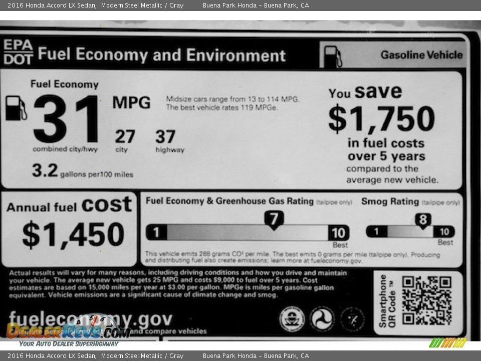 2016 Honda Accord LX Sedan Modern Steel Metallic / Gray Photo #18