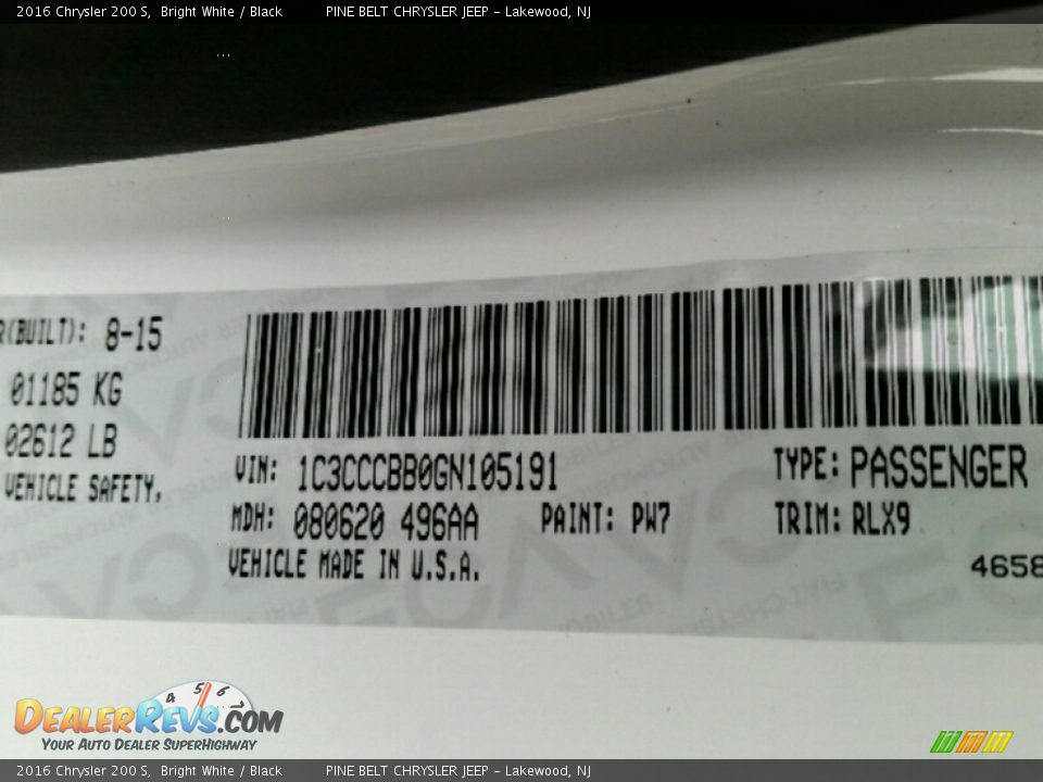 2016 Chrysler 200 S Bright White / Black Photo #9