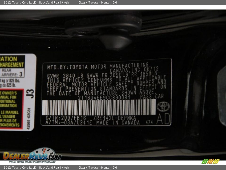 2012 Toyota Corolla LE Black Sand Pearl / Ash Photo #17