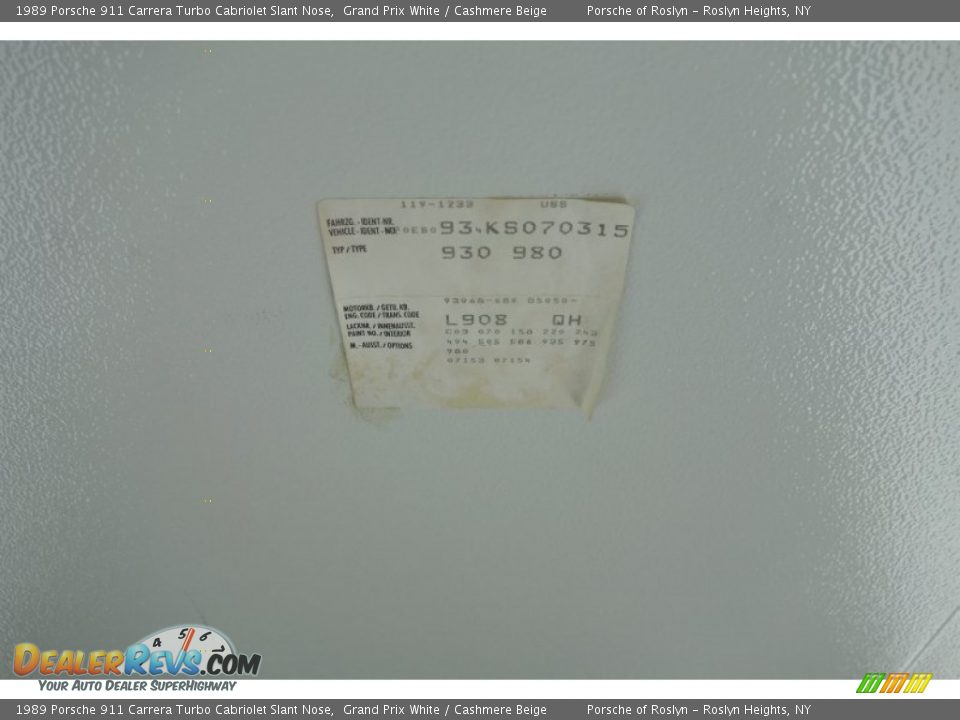 Info Tag of 1989 Porsche 911 Carrera Turbo Cabriolet Slant Nose Photo #28