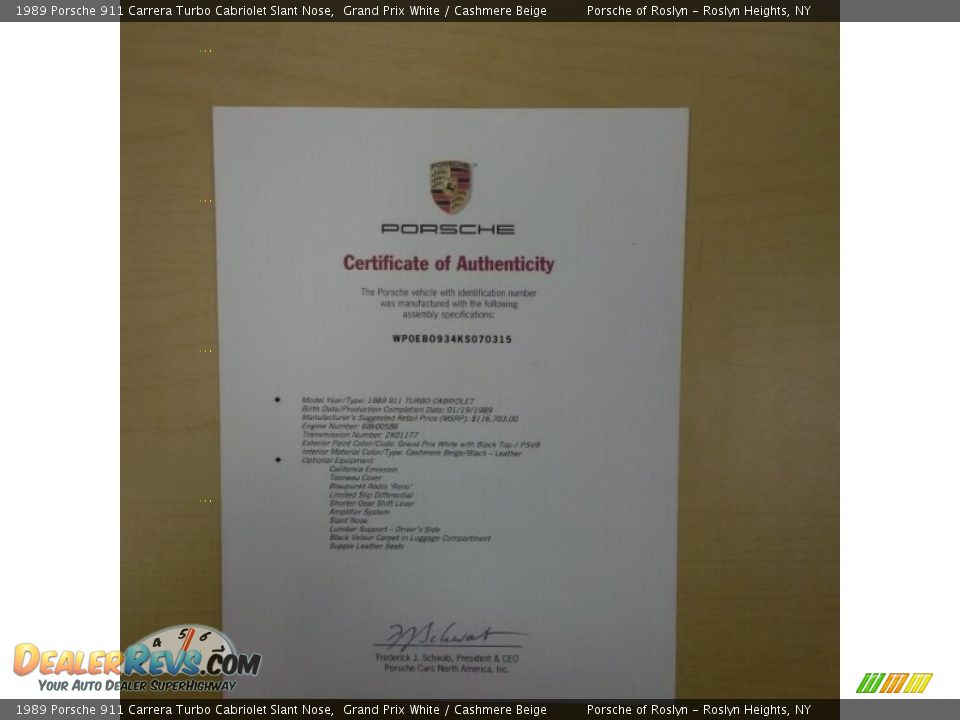 1989 Porsche 911 Carrera Turbo Cabriolet Slant Nose Window Sticker Photo #30