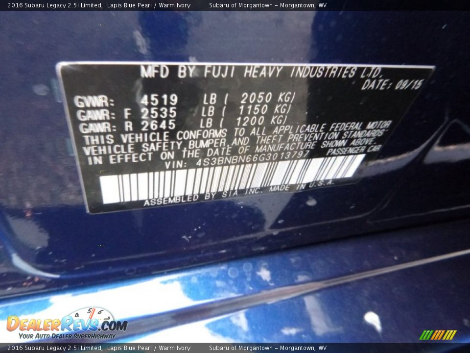 2016 Subaru Legacy 2.5i Limited Lapis Blue Pearl / Warm Ivory Photo #16