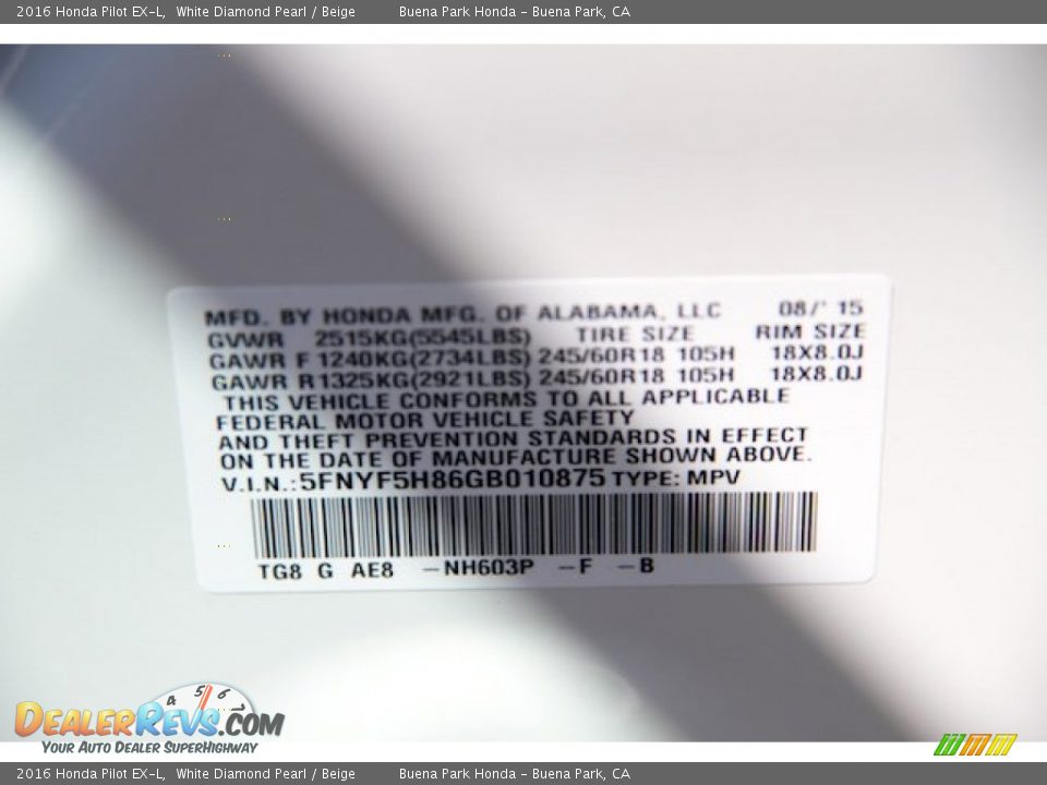 2016 Honda Pilot EX-L White Diamond Pearl / Beige Photo #21