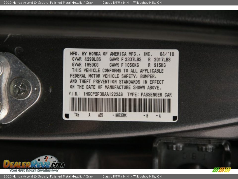 2010 Honda Accord LX Sedan Polished Metal Metallic / Gray Photo #16