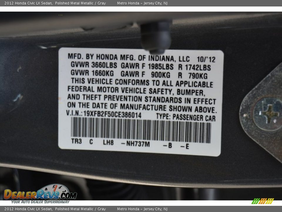 2012 Honda Civic LX Sedan Polished Metal Metallic / Gray Photo #31