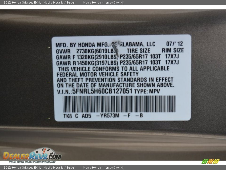 2012 Honda Odyssey EX-L Mocha Metallic / Beige Photo #31