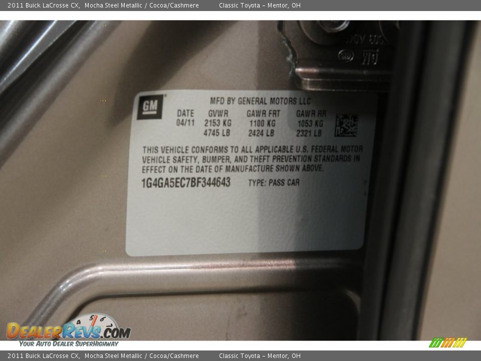 2011 Buick LaCrosse CX Mocha Steel Metallic / Cocoa/Cashmere Photo #16
