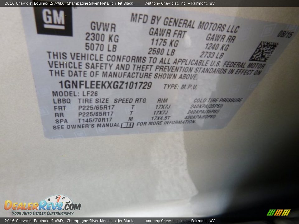 2016 Chevrolet Equinox LS AWD Champagne Silver Metallic / Jet Black Photo #15
