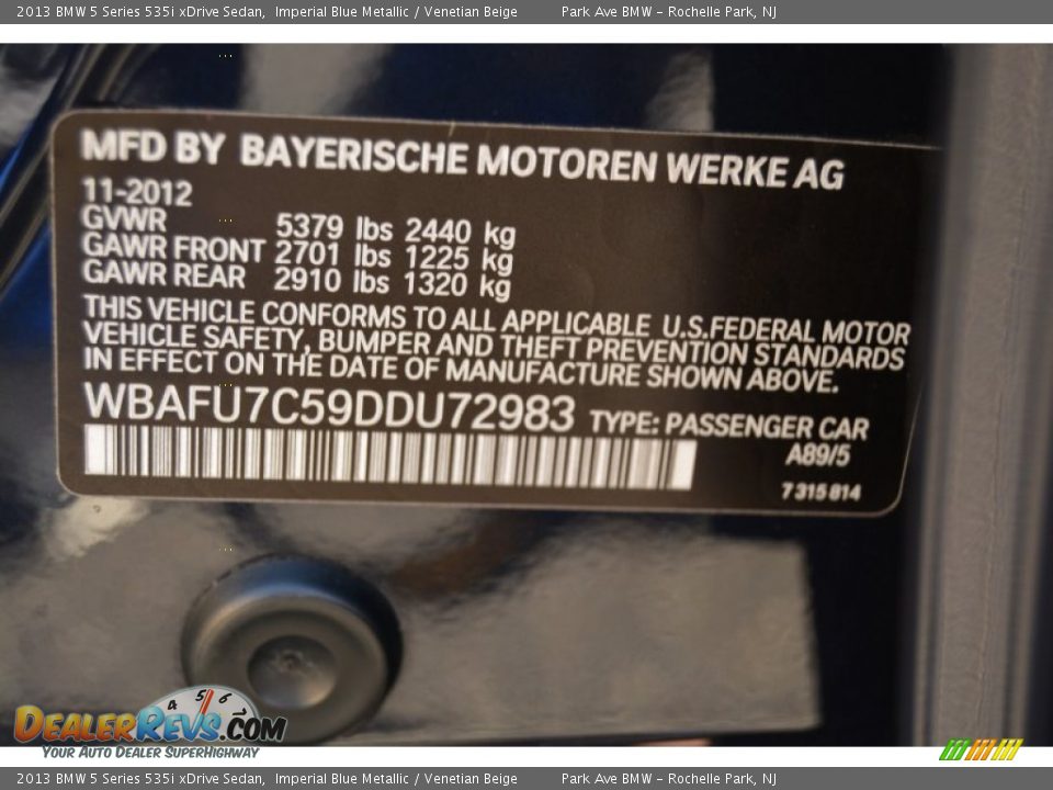 2013 BMW 5 Series 535i xDrive Sedan Imperial Blue Metallic / Venetian Beige Photo #33
