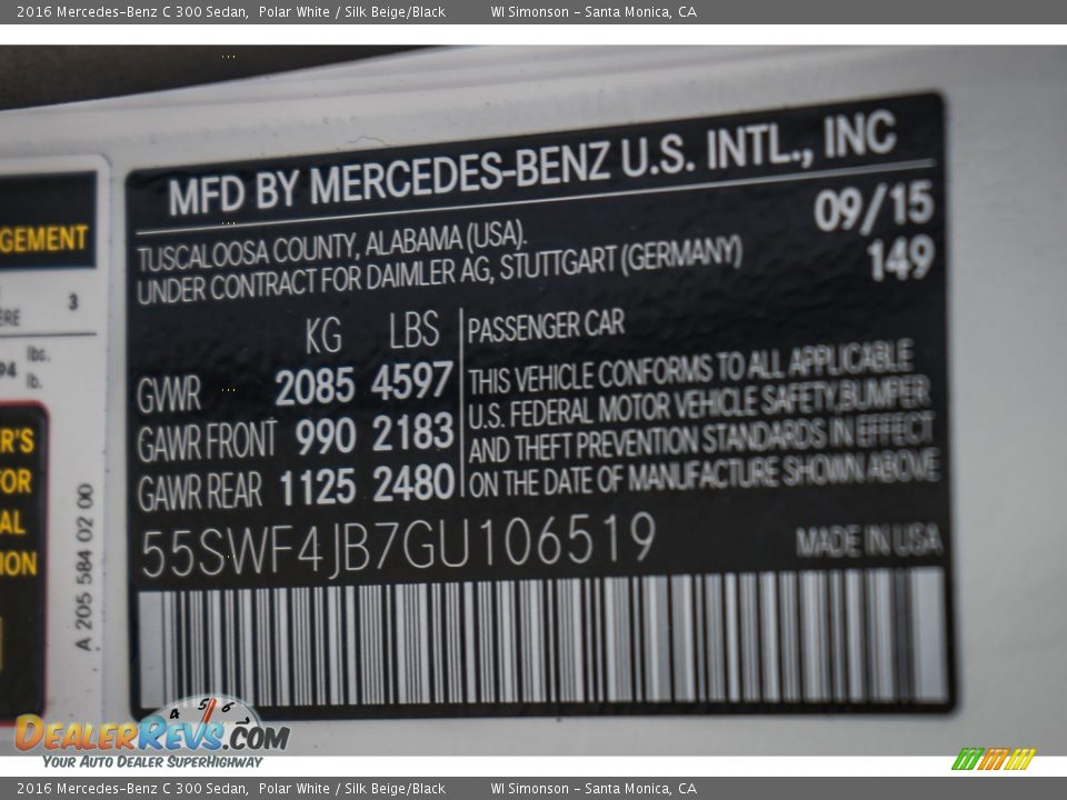 2016 Mercedes-Benz C 300 Sedan Polar White / Silk Beige/Black Photo #8