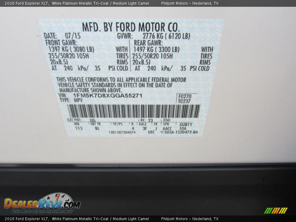 2016 Ford Explorer XLT White Platinum Metallic Tri-Coat / Medium Light Camel Photo #33