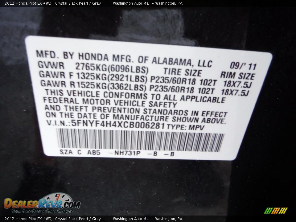2012 Honda Pilot EX 4WD Crystal Black Pearl / Gray Photo #19