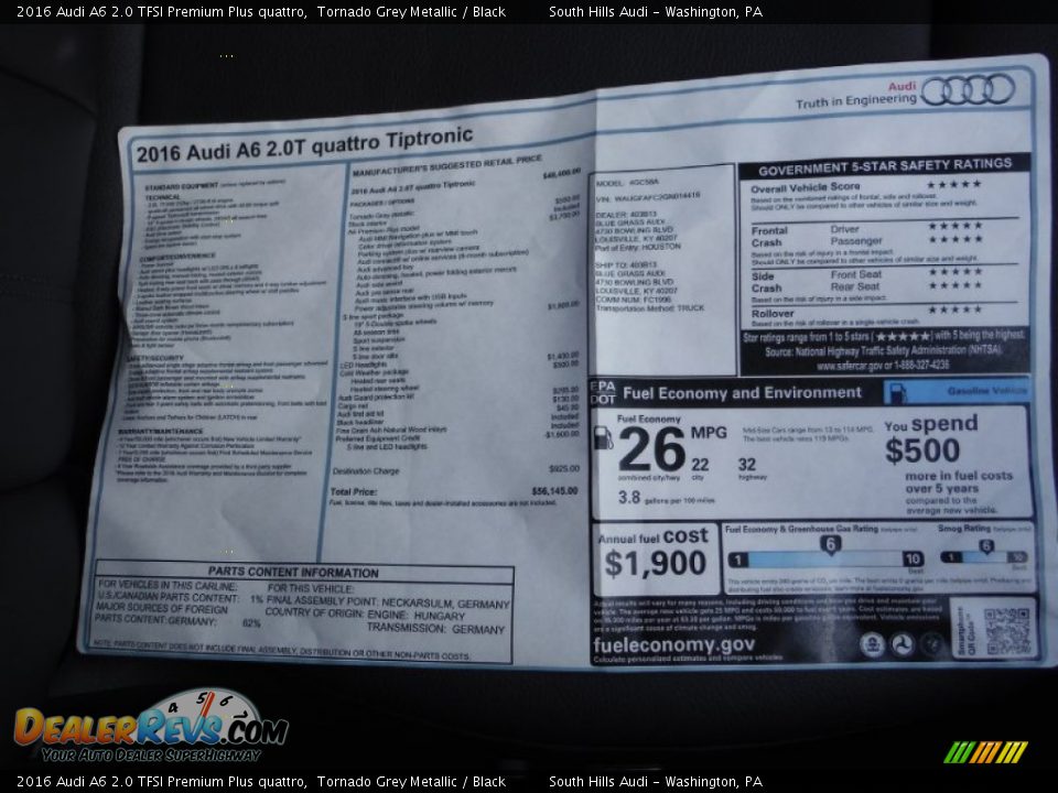 2016 Audi A6 2.0 TFSI Premium Plus quattro Window Sticker Photo #11