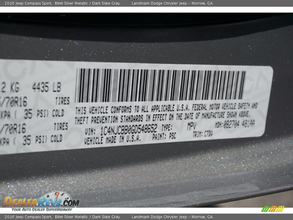 2016 Jeep Compass Sport Billet Silver Metallic / Dark Slate Gray Photo #9