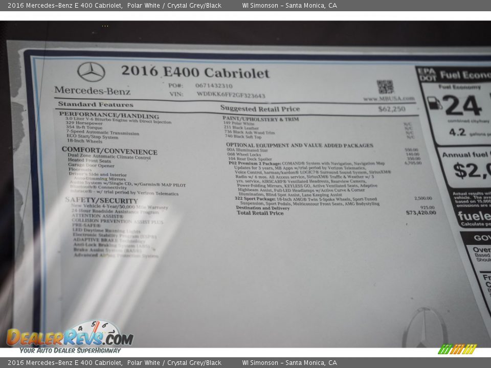 2016 Mercedes-Benz E 400 Cabriolet Window Sticker Photo #11