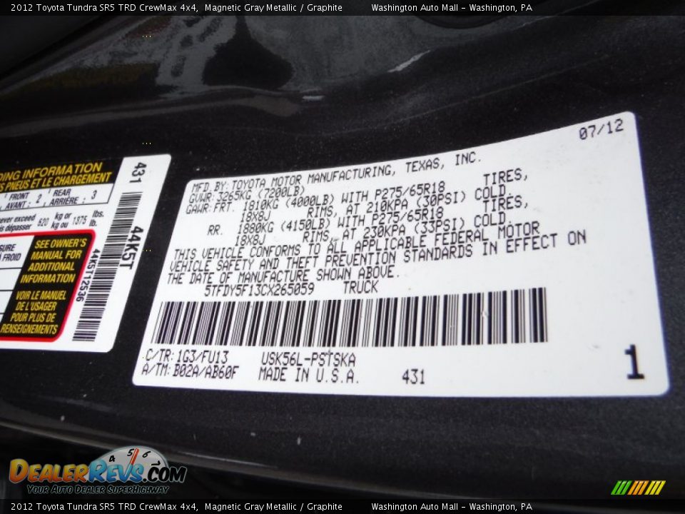 2012 Toyota Tundra SR5 TRD CrewMax 4x4 Magnetic Gray Metallic / Graphite Photo #24