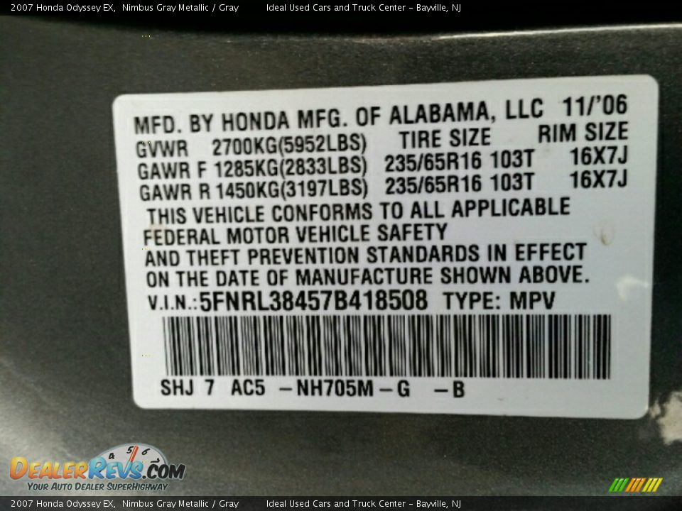 2007 Honda Odyssey EX Nimbus Gray Metallic / Gray Photo #16