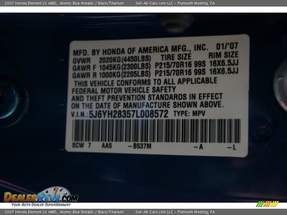 2007 Honda Element LX AWD Atomic Blue Metallic / Black/Titanium Photo #14