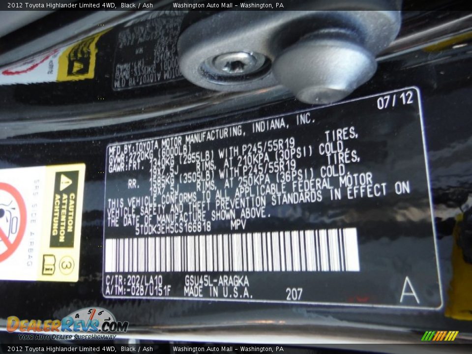 2012 Toyota Highlander Limited 4WD Black / Ash Photo #24