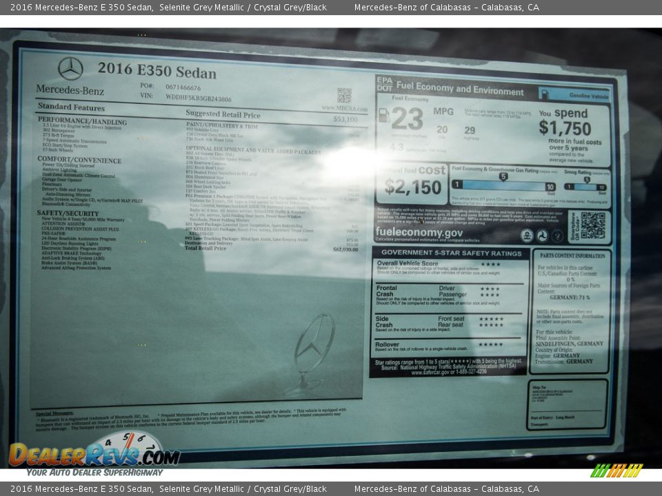 2016 Mercedes-Benz E 350 Sedan Selenite Grey Metallic / Crystal Grey/Black Photo #11