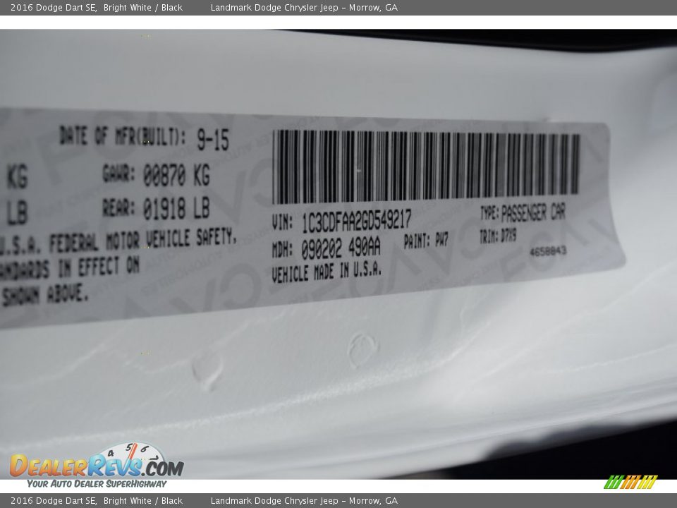 2016 Dodge Dart SE Bright White / Black Photo #9