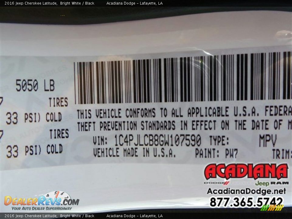 2016 Jeep Cherokee Latitude Bright White / Black Photo #13