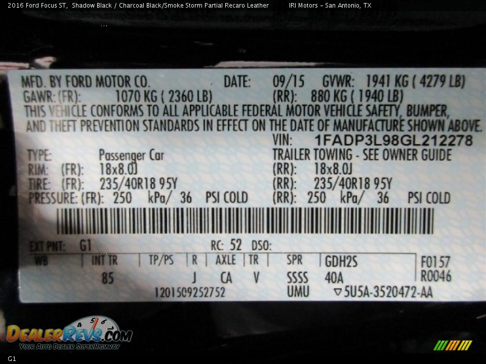 Ford Color Code G1 Shadow Black