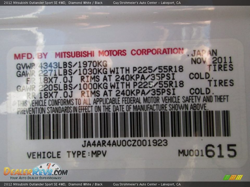 2012 Mitsubishi Outlander Sport SE 4WD Diamond White / Black Photo #26