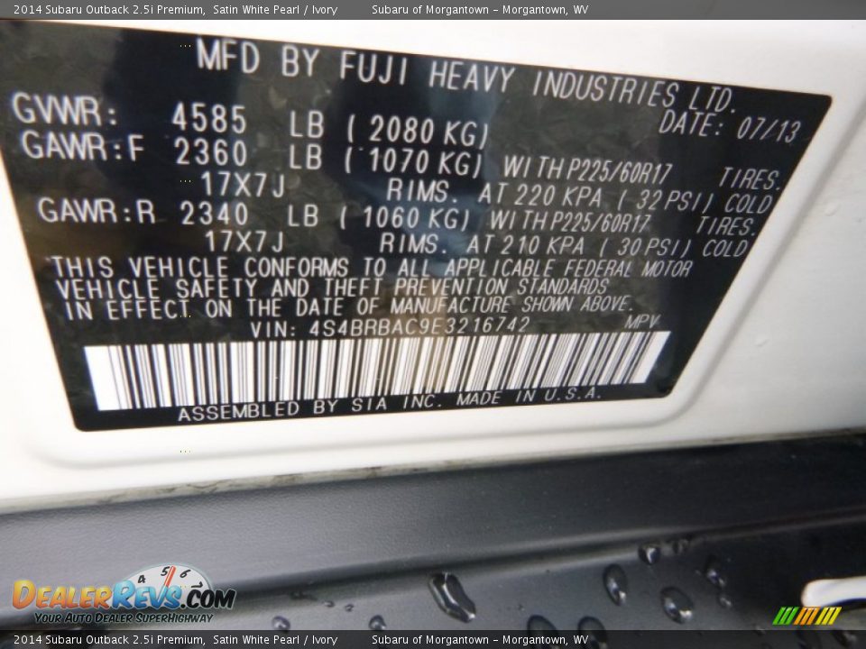 2014 Subaru Outback 2.5i Premium Satin White Pearl / Ivory Photo #16