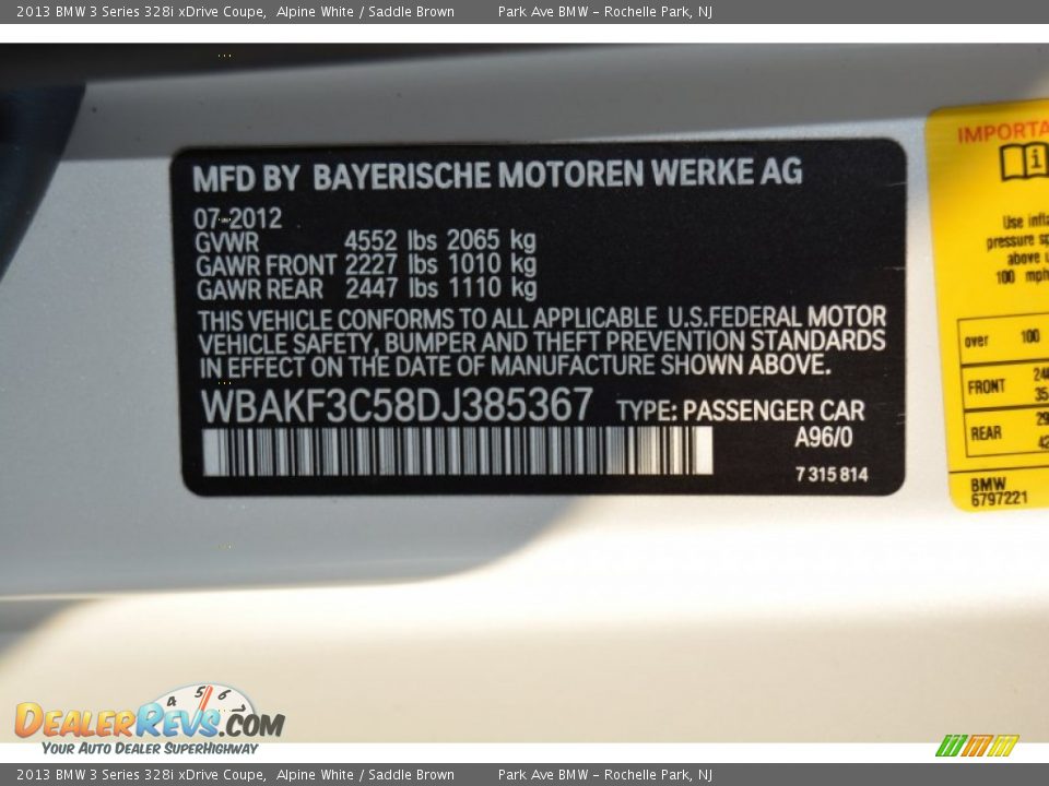 2013 BMW 3 Series 328i xDrive Coupe Alpine White / Saddle Brown Photo #34