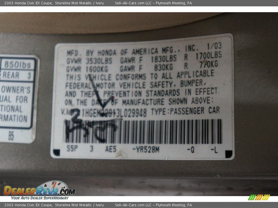 2003 Honda Civic EX Coupe Shoreline Mist Metallic / Ivory Photo #14