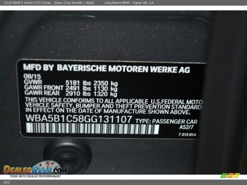 BMW Color Code A52 Space Grey Metallic