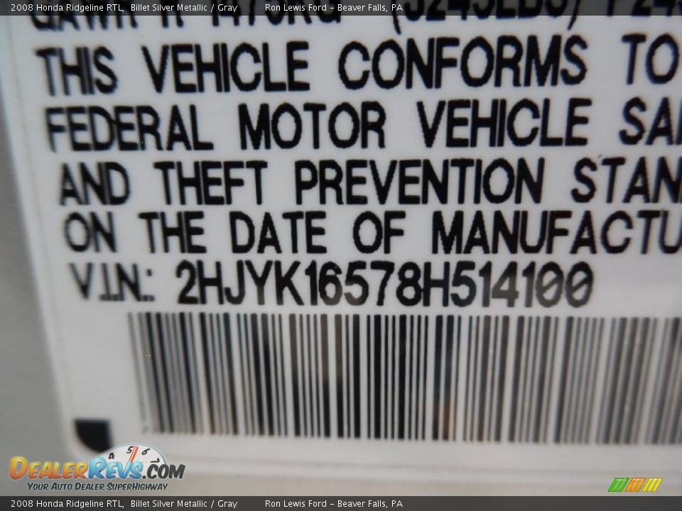 2008 Honda Ridgeline RTL Billet Silver Metallic / Gray Photo #14