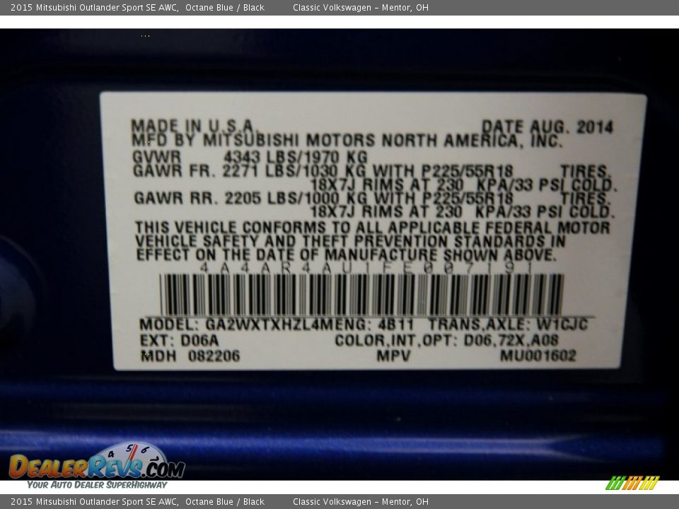 2015 Mitsubishi Outlander Sport SE AWC Octane Blue / Black Photo #19