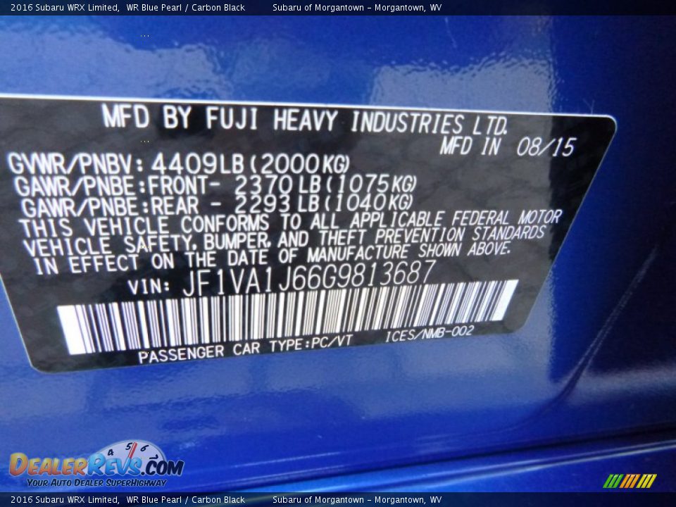 2016 Subaru WRX Limited WR Blue Pearl / Carbon Black Photo #15