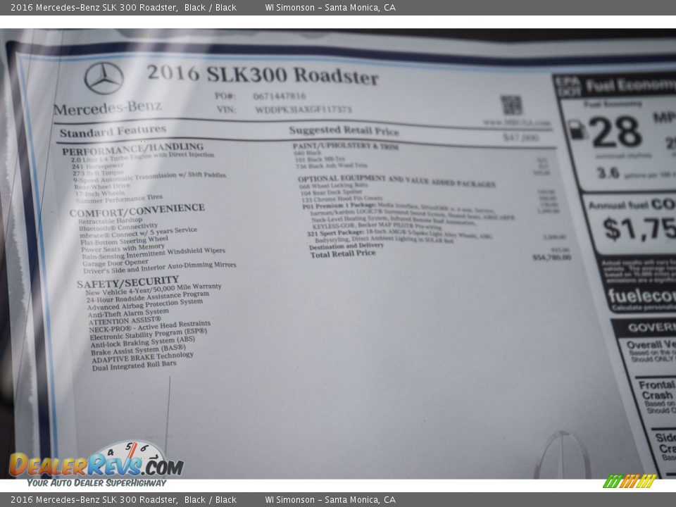 2016 Mercedes-Benz SLK 300 Roadster Window Sticker Photo #11