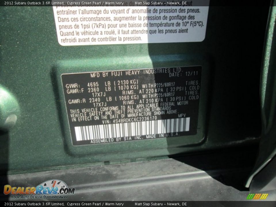 2012 Subaru Outback 3.6R Limited Cypress Green Pearl / Warm Ivory Photo #30